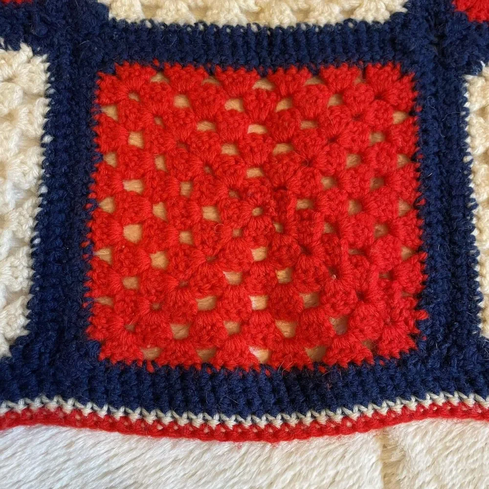 Handmade Crocheted Granny Square Afghan Throw Lap Blanket Red Cream Blue 55x41”